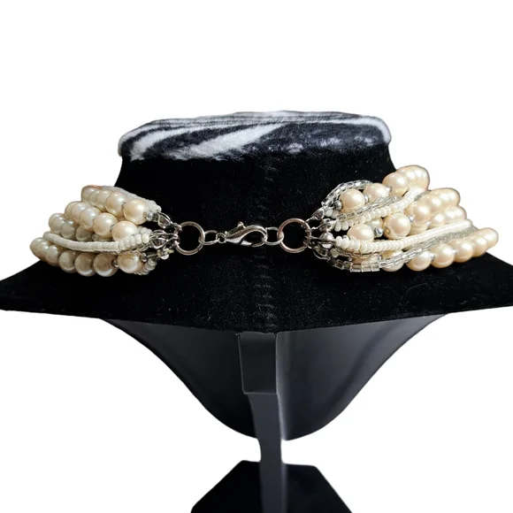 Women's 12 Layer Necklace Silver Tone Faux Pearls & Clear Beads 9.5 Inches - Picture 4 of 10